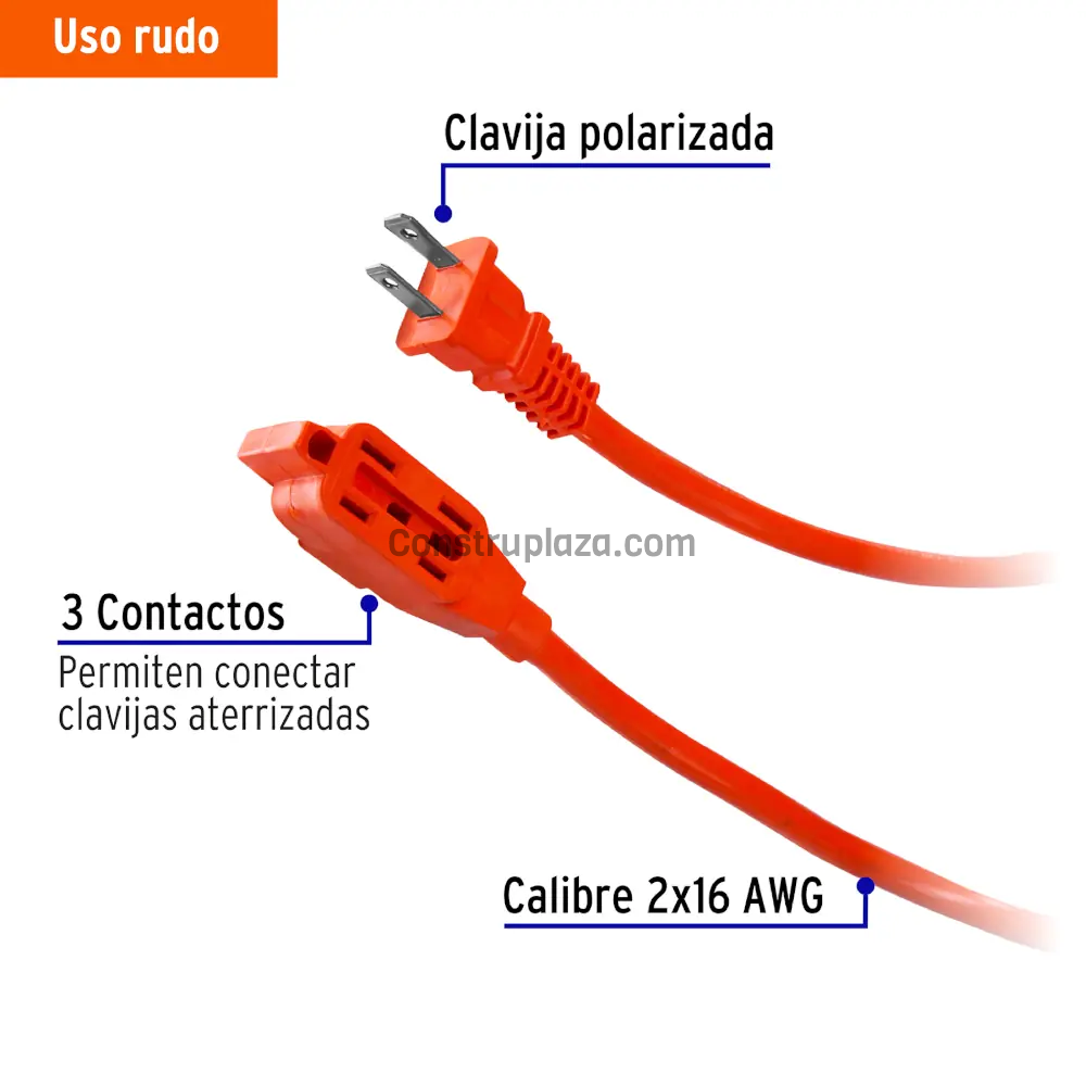 Extension electrica polarizada de uso rudo 3 tomas 30 metros naranja