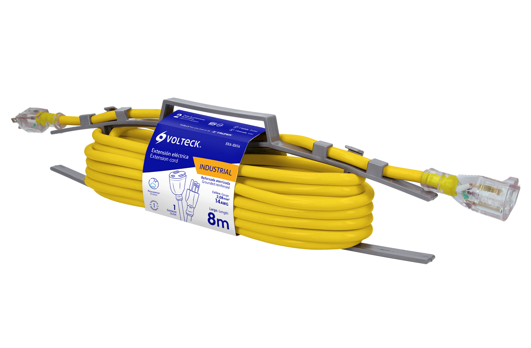 Extension electrica reforzada aterrizada 1 toma 8 metros amarilla 13A