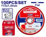 Caja de 100 discos de corte abrasivo para metal 4-1/2" x 1.0 mm plano Emtop EACD10115100
